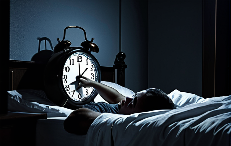 ** A person tossing and turning in bed at night, with a clock showing a late hour, emphasizing the frustration of insomnia. Focus on dark, moody tones and the feeling of restlessness.

**