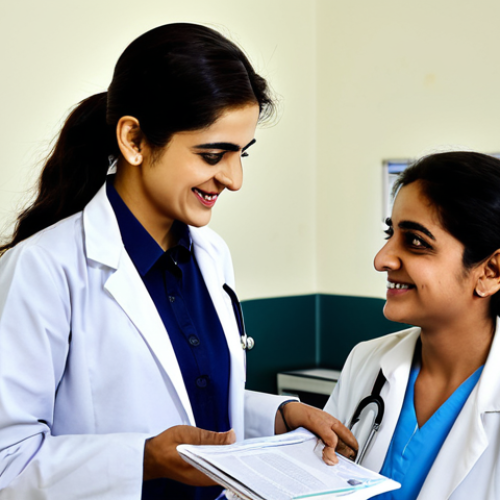 **

"A modern, well-lit doctor's office in Karachi, Pakistan. A friendly female doctor in a modest white coat is consulting with a female patient, both are smiling gently. The office includes informational brochures on mental wellness. Safe for work, appropriate content, fully clothed, professional, modest, family-friendly, perfect anatomy, correct proportions, natural pose, professional photography, high quality. The logo of Pakistan Psychiatric Society is subtly displayed."

**
