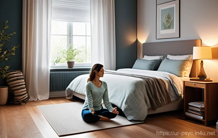 스트레스성 불면증 관리법 - **Prompt for a calming pre-sleep routine:**
"A cozy and dimly lit bedroom scene. A young adult w...