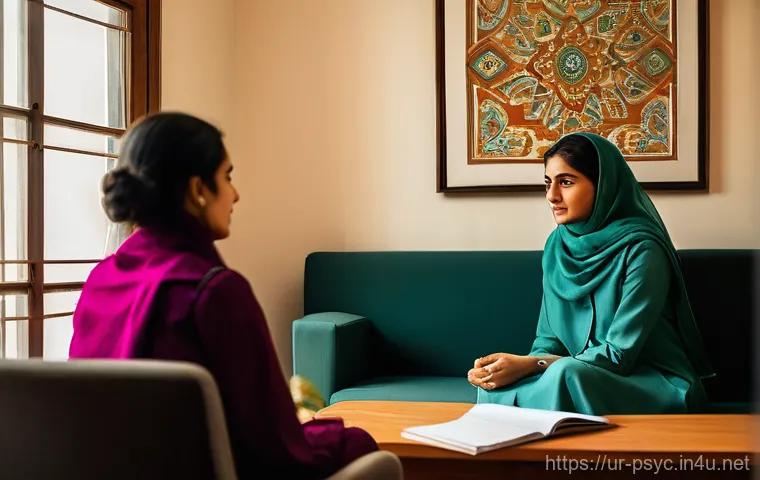 정신과 심리검사 종류와 비용 - **Prompt:** A young adult Pakistani woman, dressed in modest, contemporary Pakistani attire, sits co...