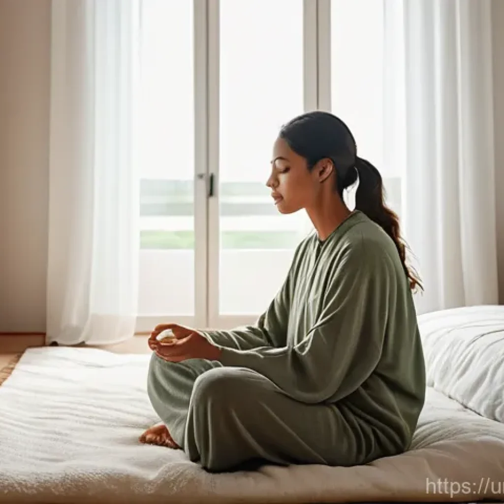 공황장애 자가 치료법 - **A young adult, gender-neutral, practicing deep breathing in a cozy, softly lit bedroom.** The indi...