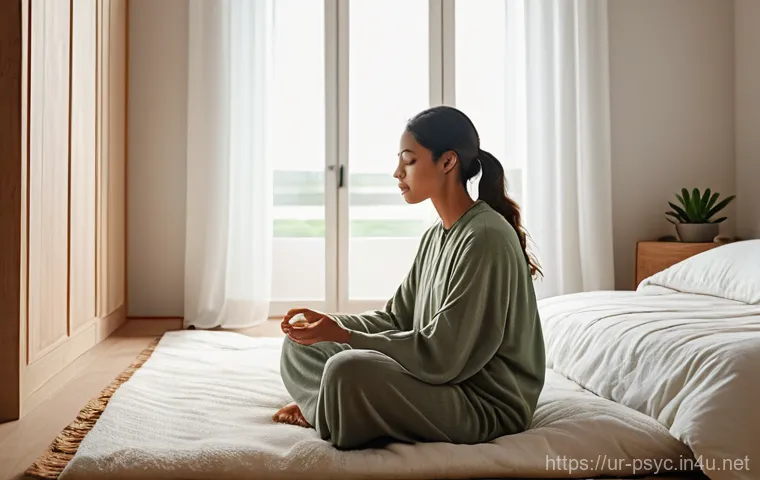 공황장애 자가 치료법 - **A young adult, gender-neutral, practicing deep breathing in a cozy, softly lit bedroom.** The indi...