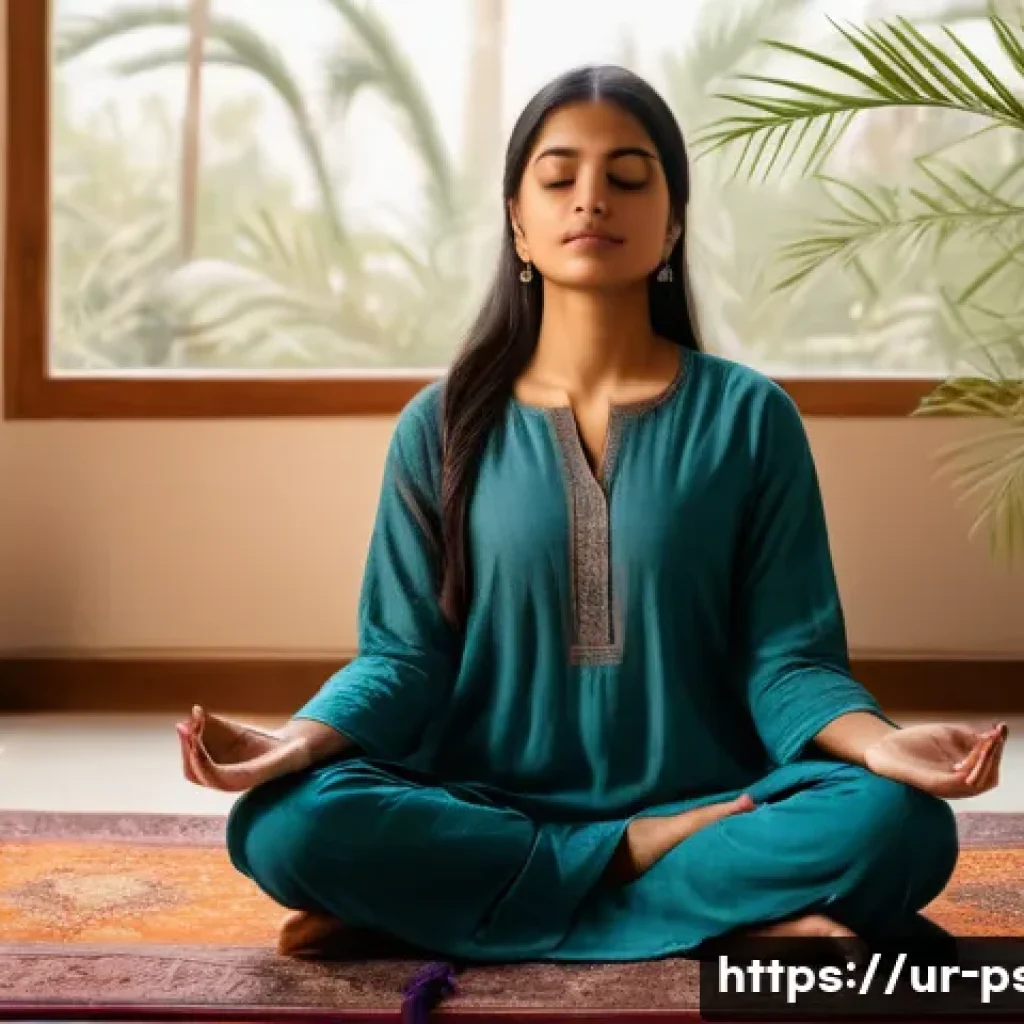 강박증 자가 진단 방법 - A serene scene depicting a young South Asian woman sitting peacefully on a traditional Persian carpe...
