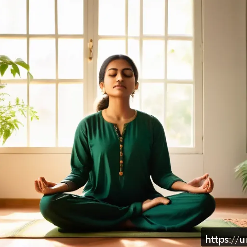 강박증 재발 방지법 - A serene scene of a young South Asian woman practicing meditation in a peaceful, sunlit room decorat...