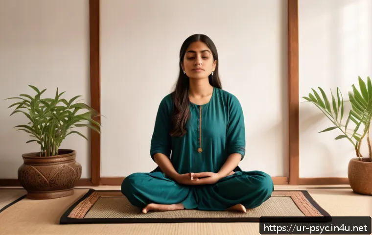 정신건강 진단 결과 해석 - A serene and cozy indoor scene showing a young South Asian woman sitting cross-legged on a tradition...
