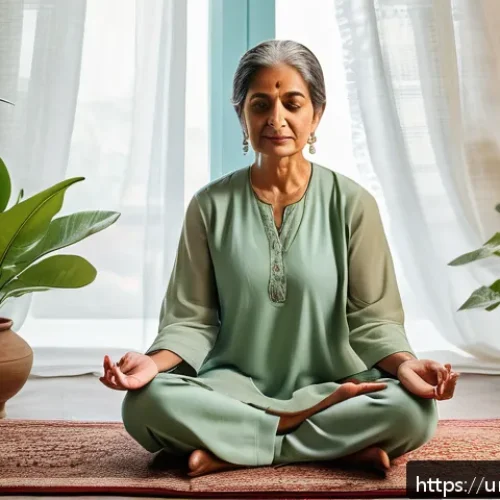 우울증 약물 치료 부작용 - A detailed, culturally sensitive scene showing a middle-aged South Asian woman sitting peacefully in...