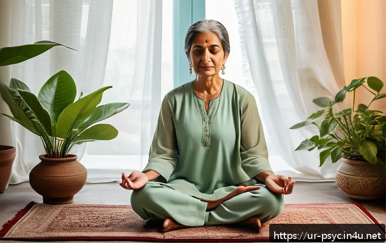 우울증 약물 치료 부작용 - A detailed, culturally sensitive scene showing a middle-aged South Asian woman sitting peacefully in...