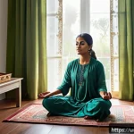 정신건강 자가 테스트 - A serene home interior scene showing a South Asian adult woman practicing meditation in a traditiona...