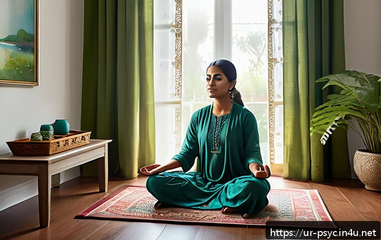 정신건강 자가 테스트 - A serene home interior scene showing a South Asian adult woman practicing meditation in a traditiona...
