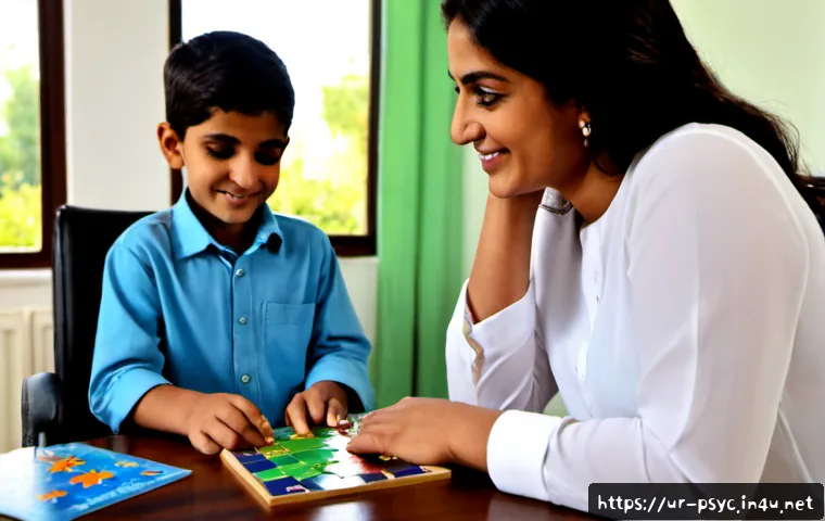 Home 17 소아 ADHD 치료 성공 사례 - Photorealistic Pakistani family scene in a warm, sunlit child psychologist’s office, a focused 9-yea...